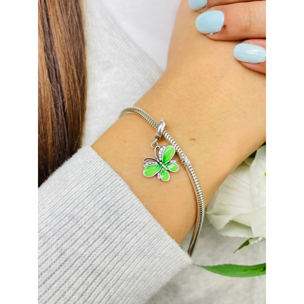 Srebrny koralik zawieszka charms z zielony motyl z cyrkoniami