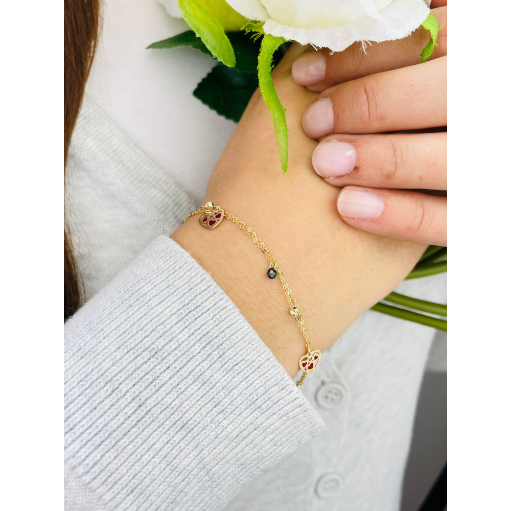 Złota bransoletka podwójna ankier serca onyks