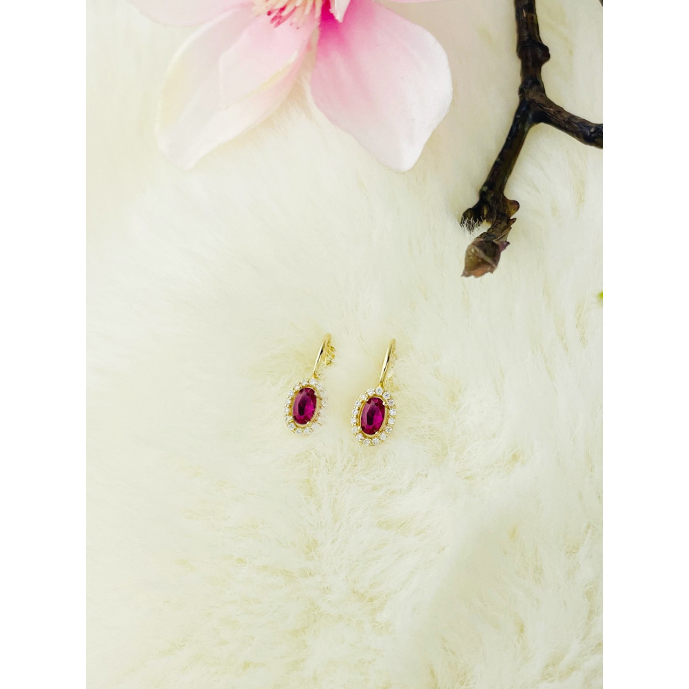 Złote kolczyki owalne z cyrkoniami rubinowe