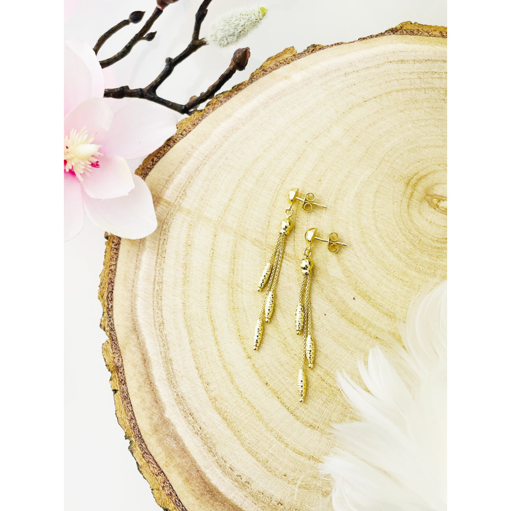 Złote kolczyki wiszące frezowane kulka z wahadłem