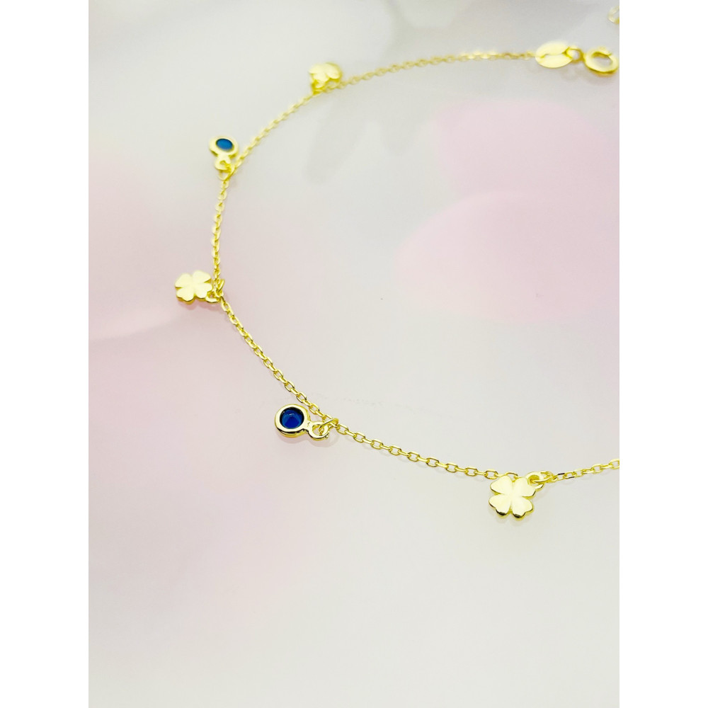 Srebrna bransoletka pozłacana na nogę z cyrkoniami koniczynka