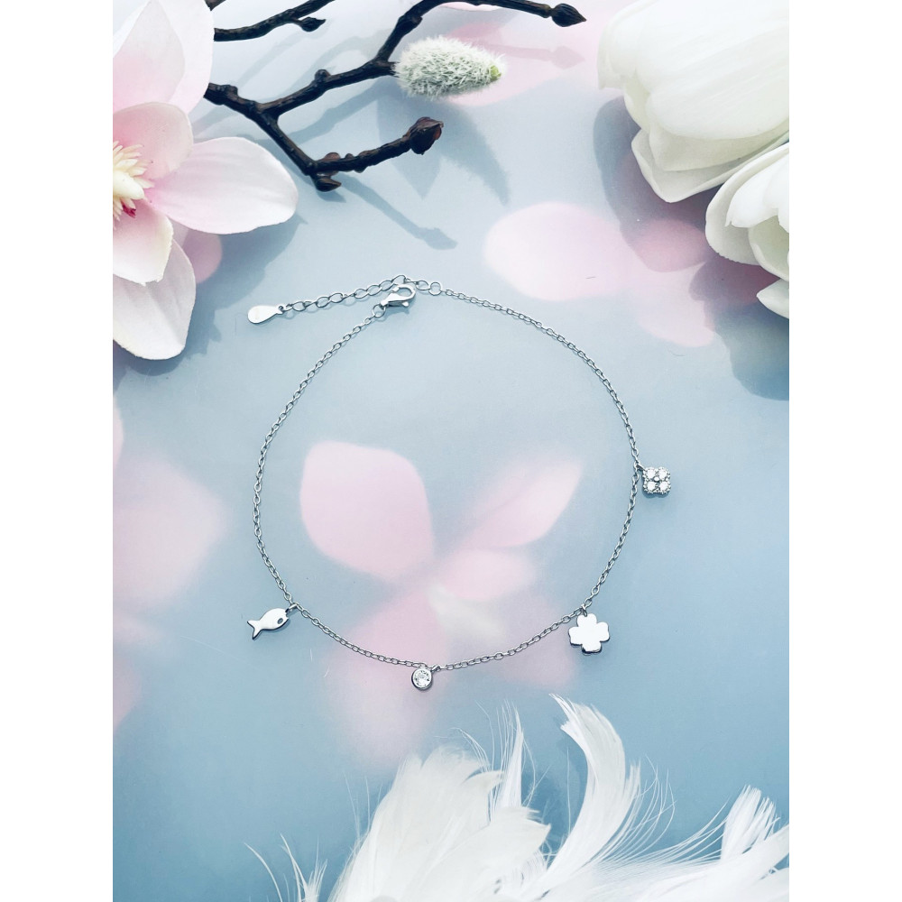 Blume Fisch Kleeblatt 925 Silber Bein Armband mit Zirkonia
