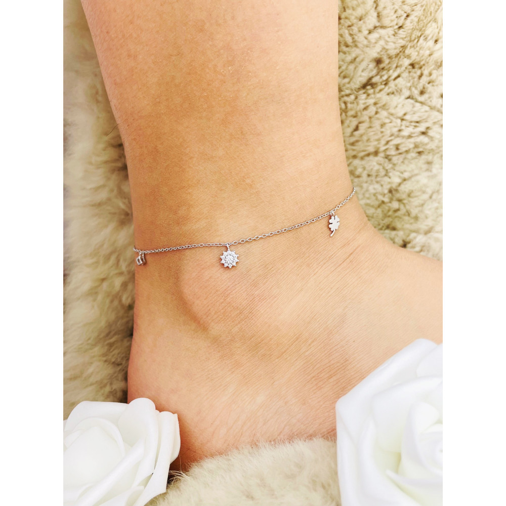 Srebrna bransoletka na nogę koniczynka kwiat z cyrkoniami