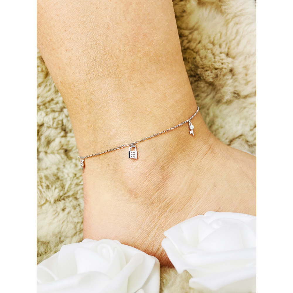 Vorhängeschloss Schlüssel 925 Silber Bein Armband mit Zirkonia